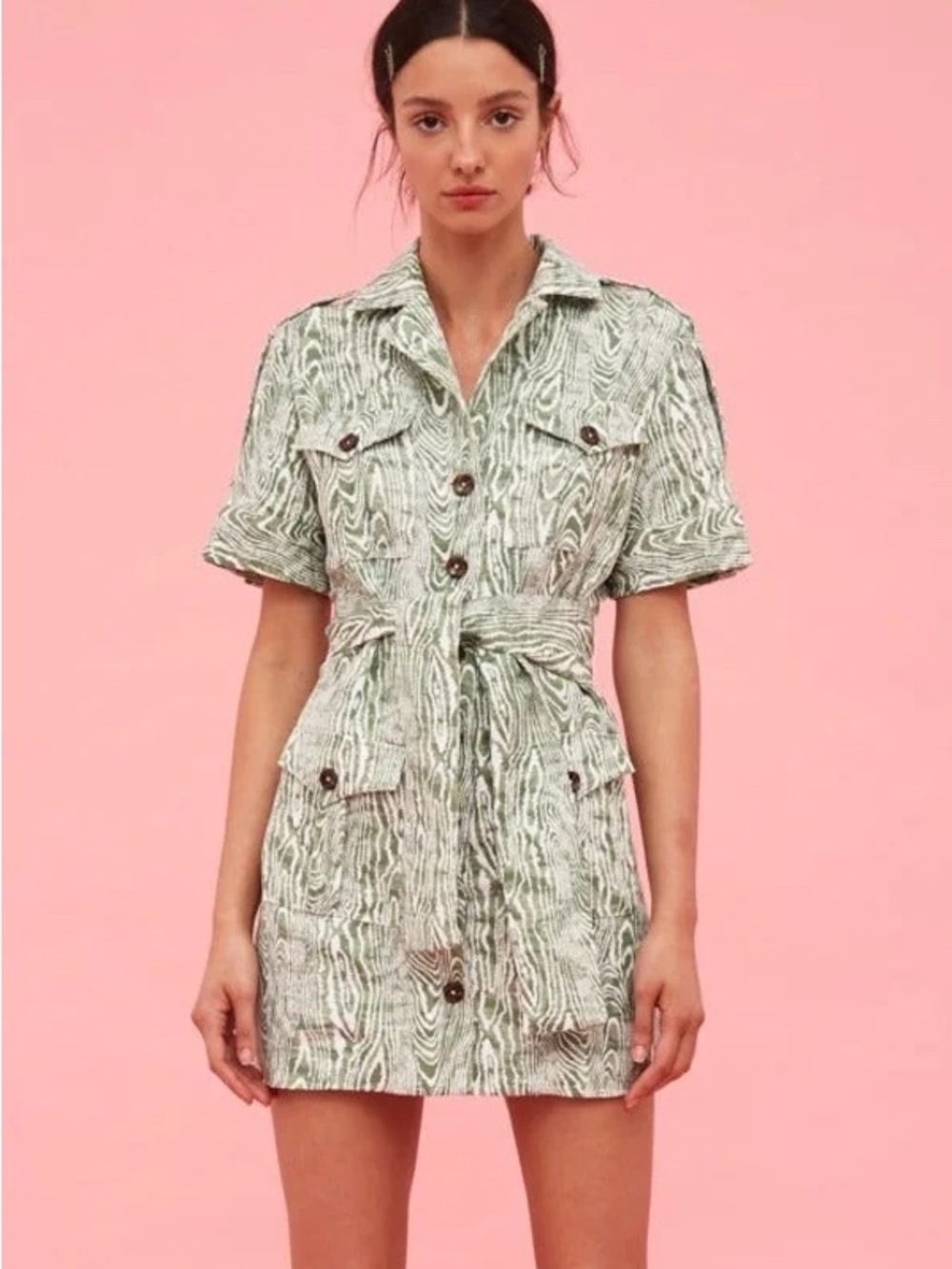 C/MEO Collective Sage Green Mini Shirt Dress with Tie Belt